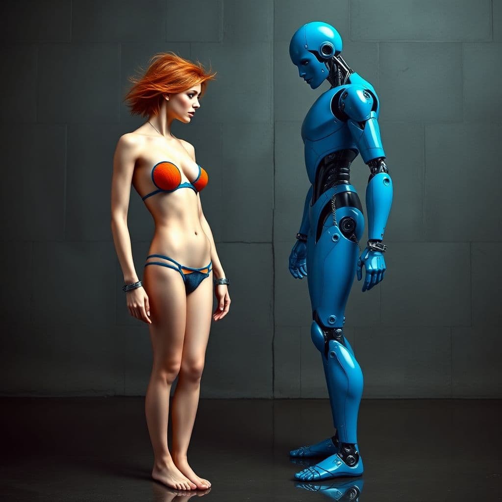 AI generated: Full length photo of a blue robot with humanlike male facial features stands next to an gorgeous tal...