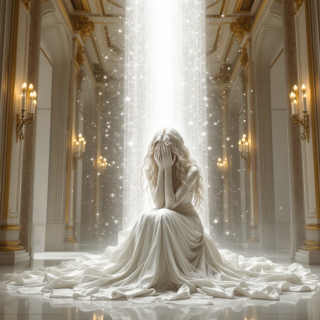 AI generated: A hyperrealistic image set in an elegant event hall. At the center, a full-body statue of a woman si...
