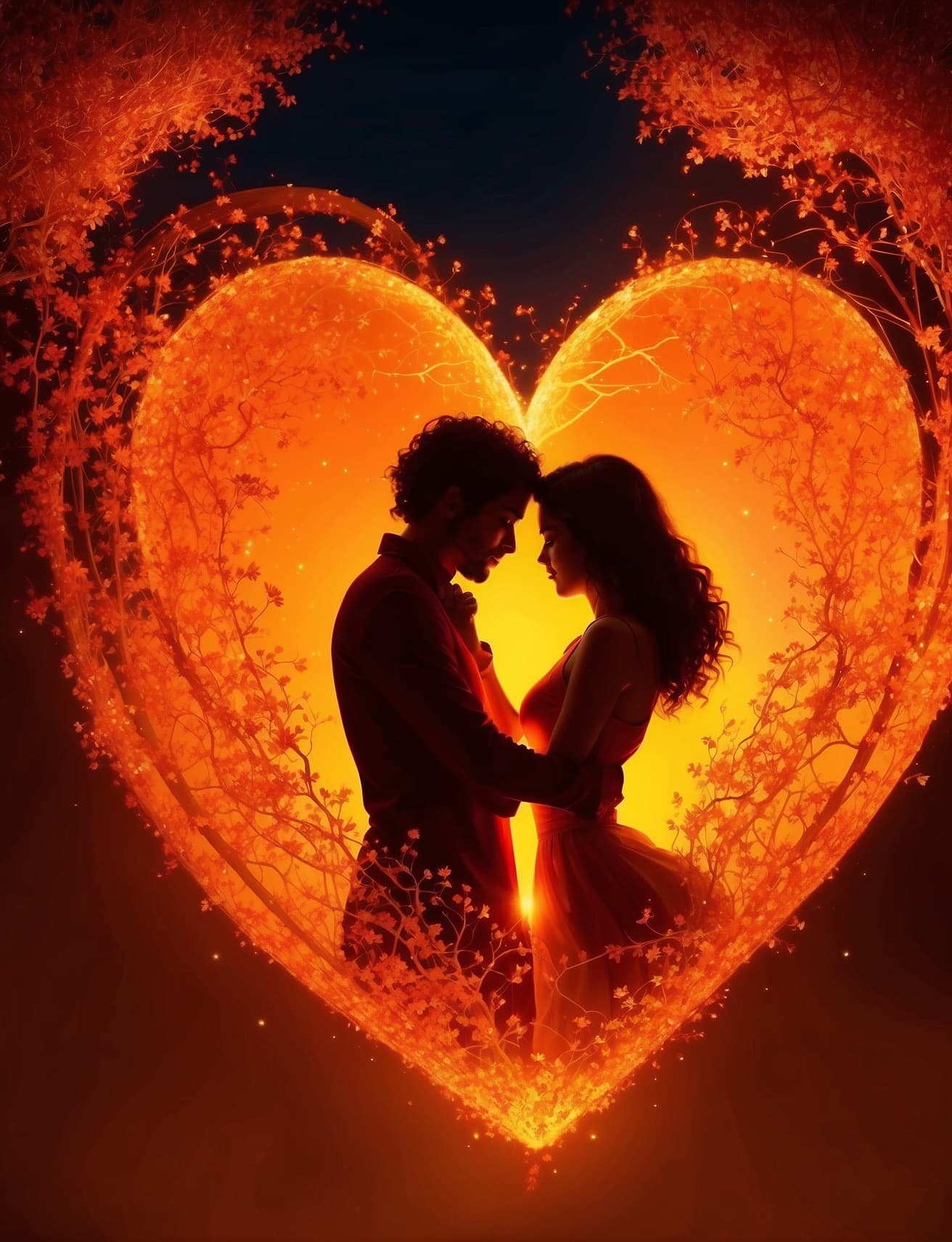 AI generated: Two lovers intertwined in a passionate embrace, their silhouettes illuminated by a warm, orange glow...