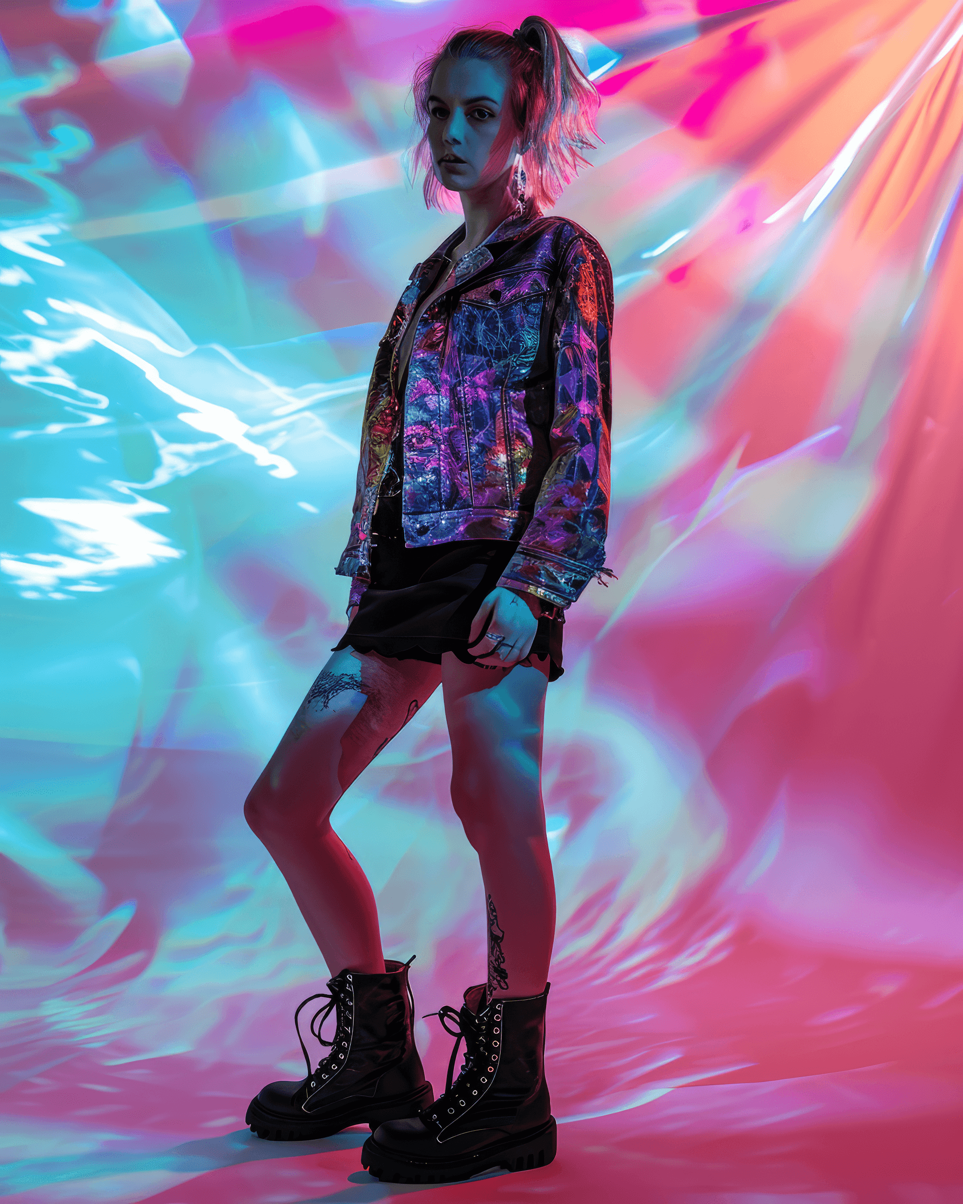 AI generated: a very serious woman wearing Techwear fashion, short skirt and black boots, quantum fluctuation, vol...