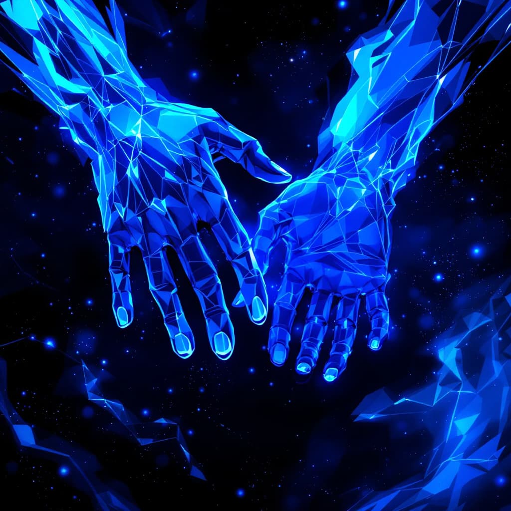 AI generated: 2 blue hands, anime, cyberpunk, style on black bacground,