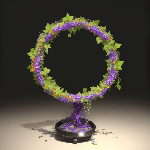 AI generated: 2", 4", 6",  AND 12" DIAMETER CAST GLASS PETALS ATTACHED TO A METAL GRAPE VINE NETWORK. THE VINES FI...
