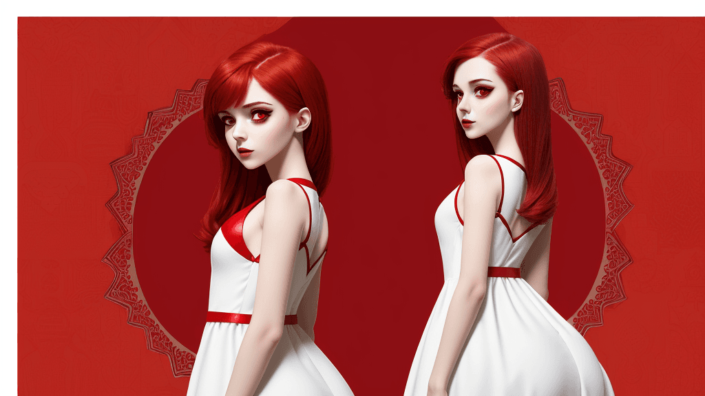AI generated: Red Theme, Cartoon Pattern, Young, White Arabic Dress, Red Eye, Dark Red Hair, Sharp Nose, Right Sid...