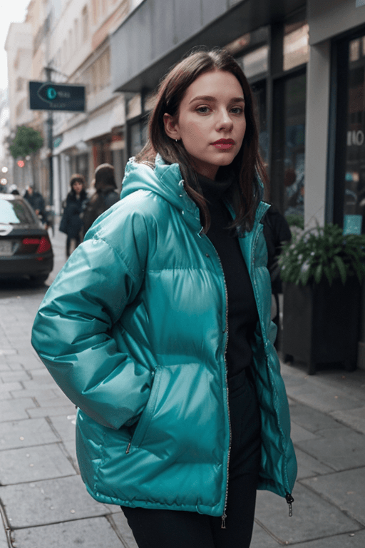 AI generated: a mid age woman wearing a poncho oversized puffer jacket, inspired by OffWhite, tumblr, inspired by ...
