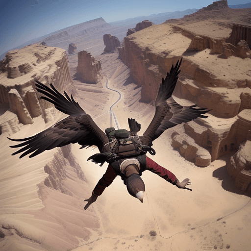 AI generated: A PARACHUTE JUMPER PLAYING WITH AN AMERICAN EAGLES OVER THE CITY OF PETRA EN CONTRE PLONGEE SCENE
