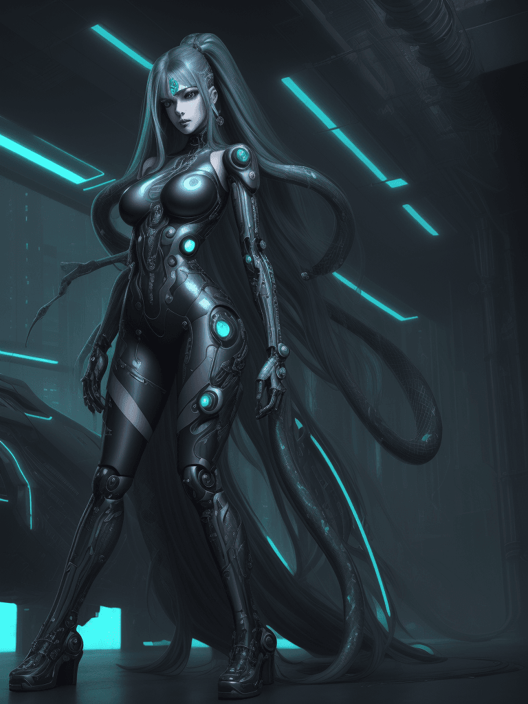 AI generated: cyberpunk style, a beauty cyborg mechanical fibre girl wearing snake dress with long hair, her eyes ...