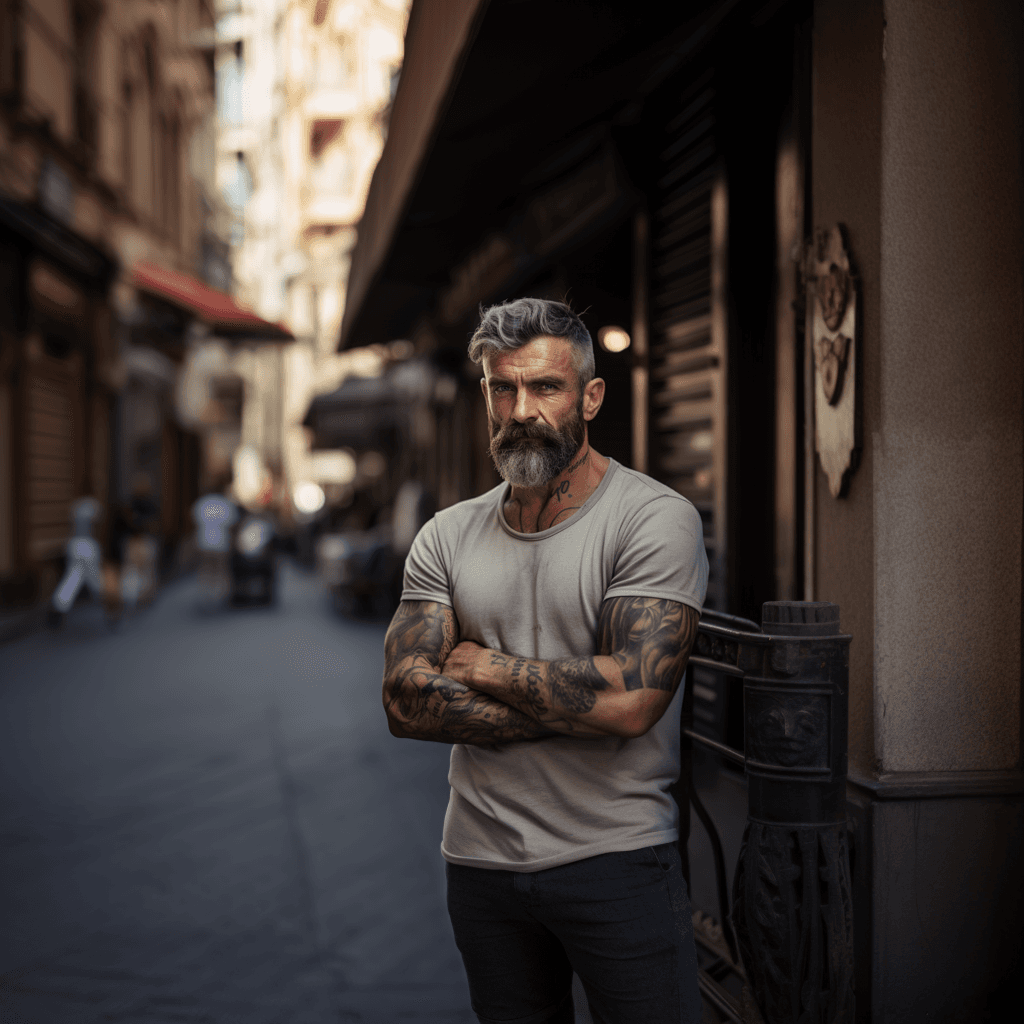 AI generated: male, 45 years old, small muscles, short Military haircut, Melted Hair, bat ear, one week beard, ful...