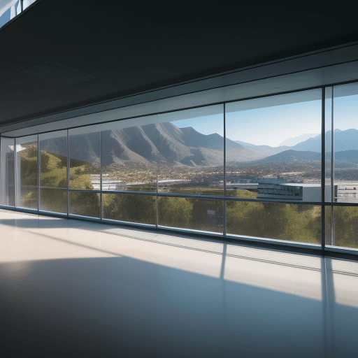 AI generated: photo of modern style campus overlooking the mountain, daylight, indirect lighting,  modern city, fa...