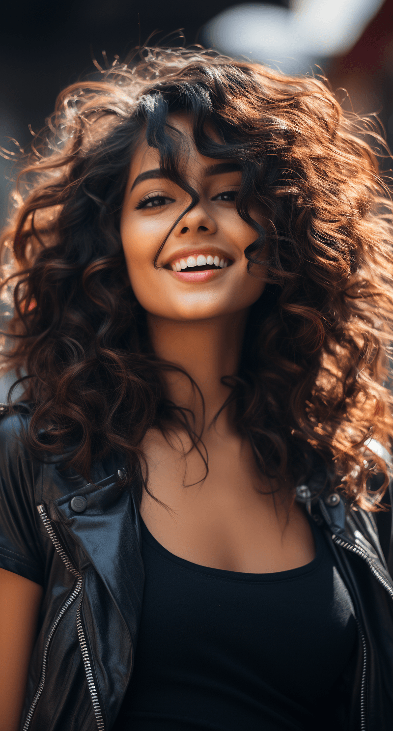 AI generated: woman smiling in black and white with curly hair, in the style of y2k aesthetic, indian pop culture,...