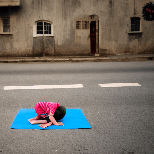 AI generated: little boy of 10 years siting on mat on road