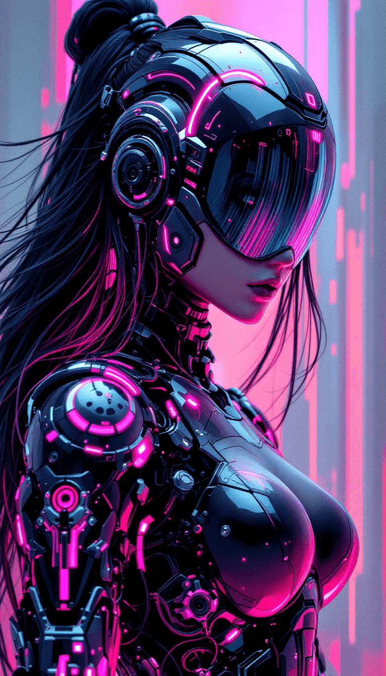 AI generated: vibrant reflective holographic drawing in the style of ckhg, female cyberpunk robot samurai, robot f...