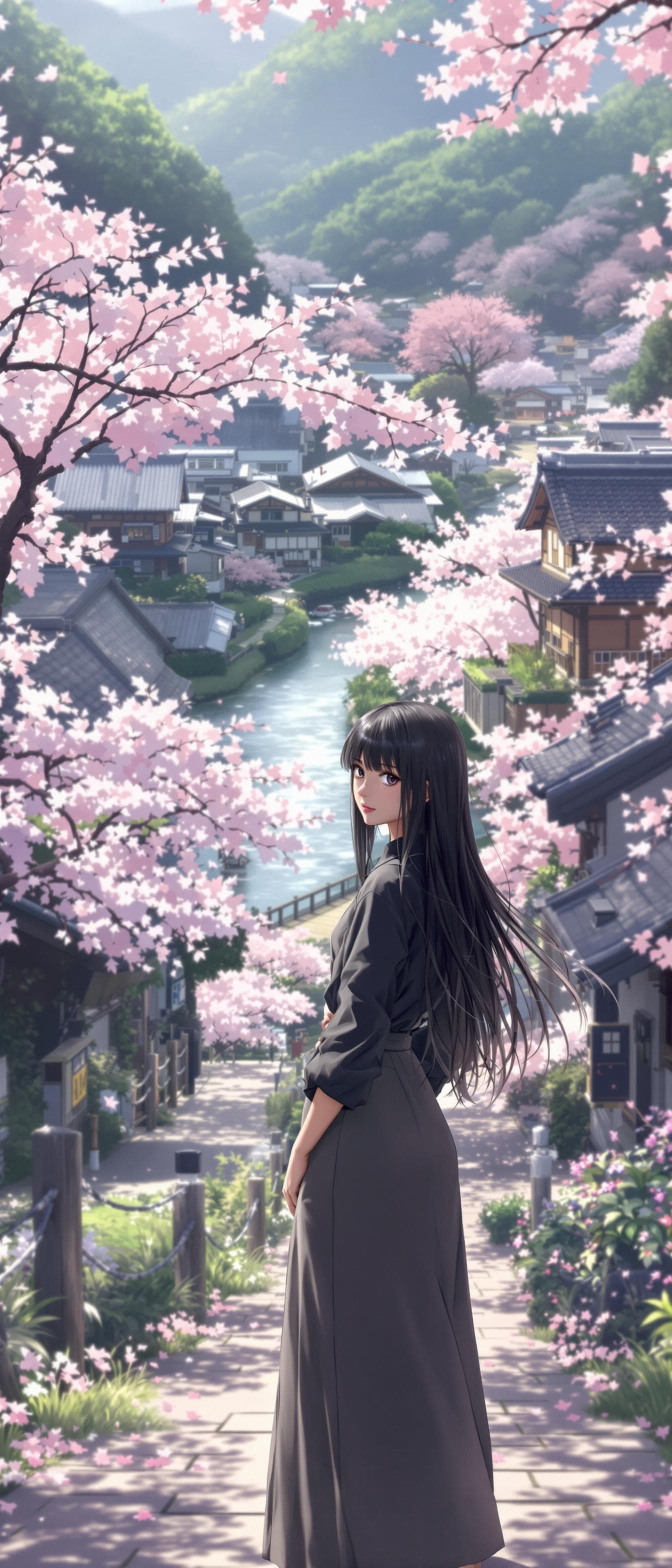 AI generated: anime, beautiful girl, japanese girl, long hair, black hair, wearing a black shirt, long skirt, look...