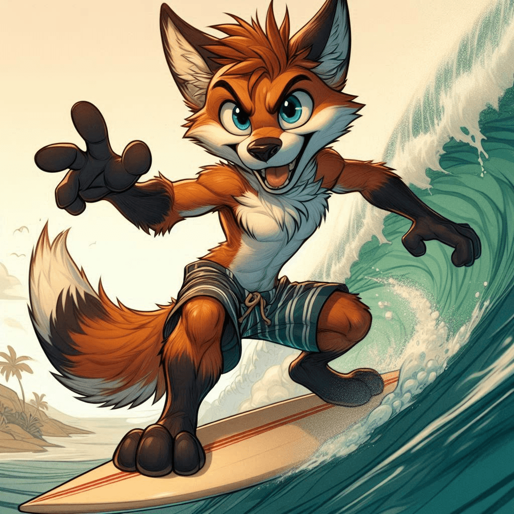 AI generated: Digital cartoon painting of a mischievous male anthropomorphic fox with an intense and playful face ...