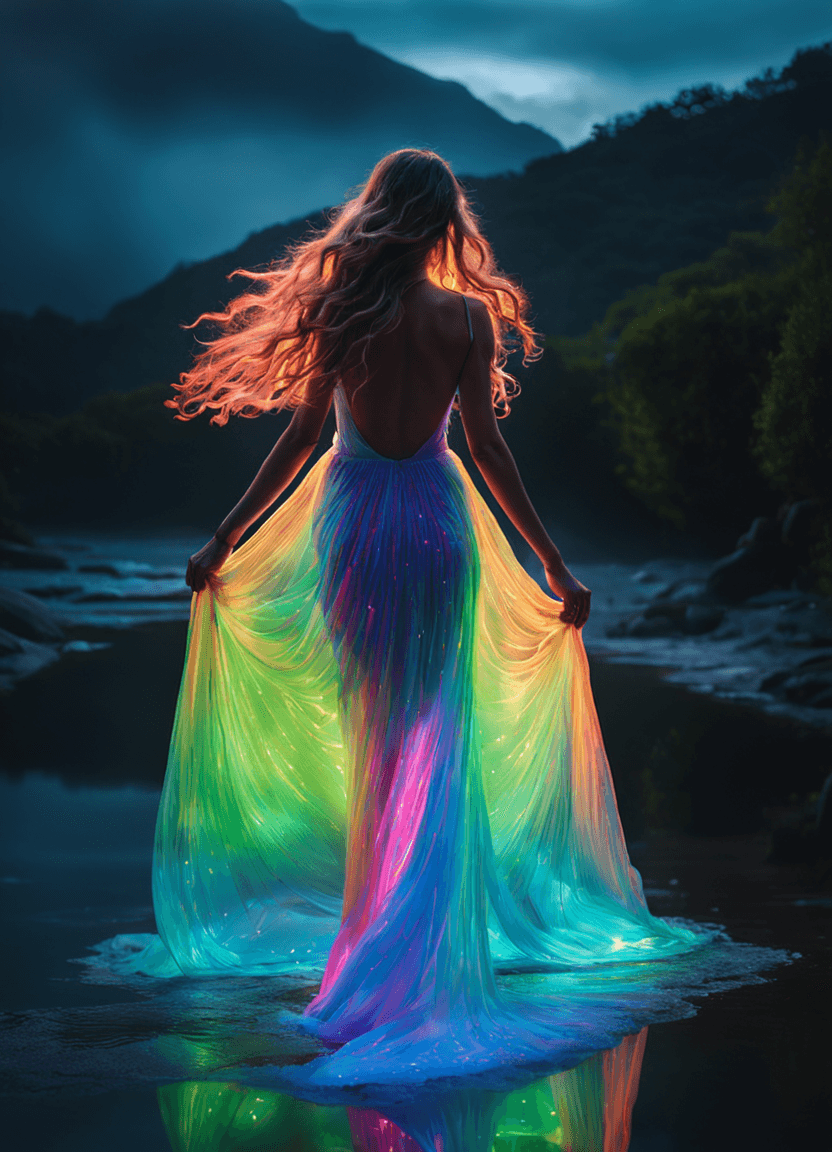 AI generated: Prompt: full body portrait of a beautiful young woman walking away with flowing dress made of flowin...