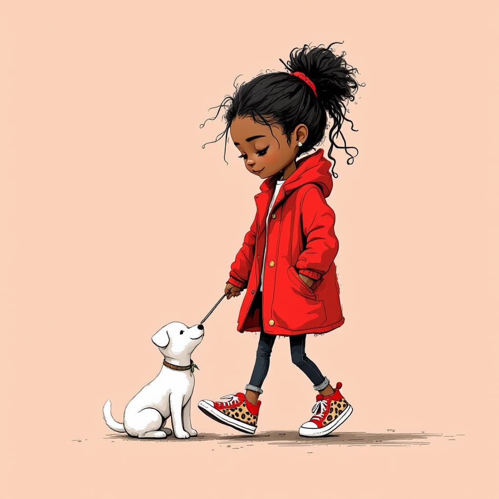 AI generated: Dibujo de una niña con pelo negro, vestido rojo y zapatillas con estampado de leopardo que pasea jun...