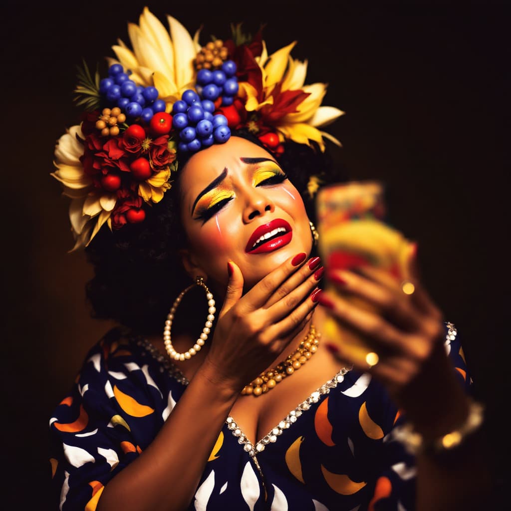 AI generated: Carmen Miranda dressed as a Bahian woman crying because THERE'S NO BANANA