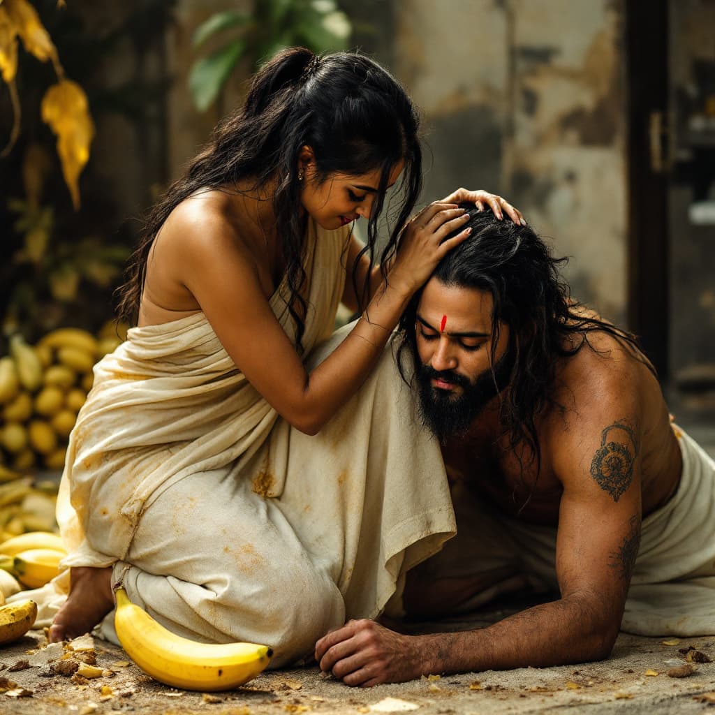 AI generated: anushka shetty on her knees, she is getting her hair pulled and having a banana