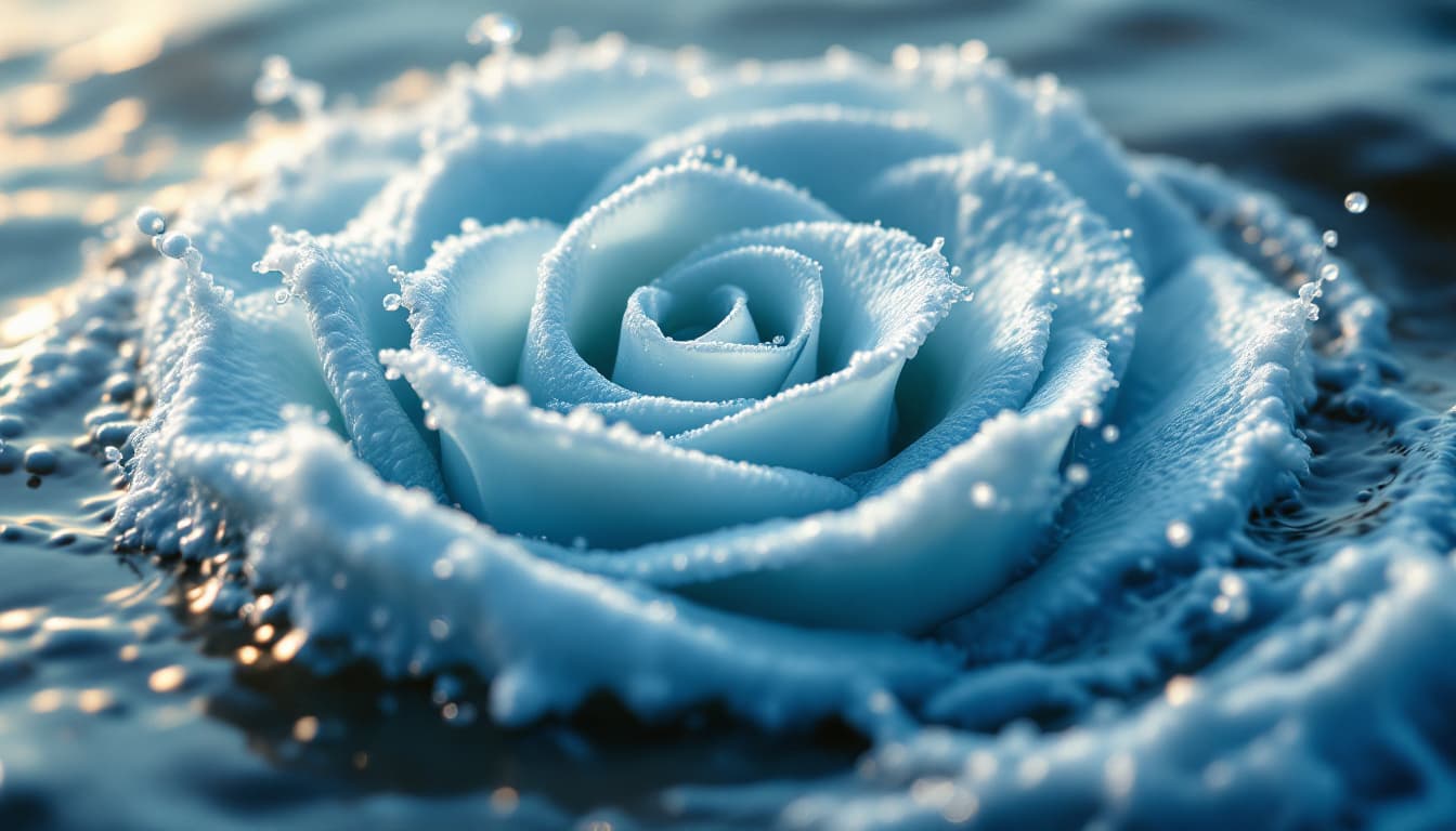 AI generated: ocean waves with sea foam, forming a tea rose 3d pattern rising high from the water beautyful precis...