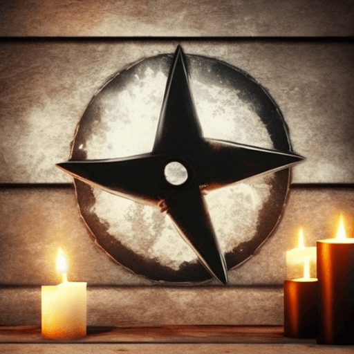 AI generated: A big shuriken hanging on the wall , anime style , old rusty house , dark room , illuminated by cand...