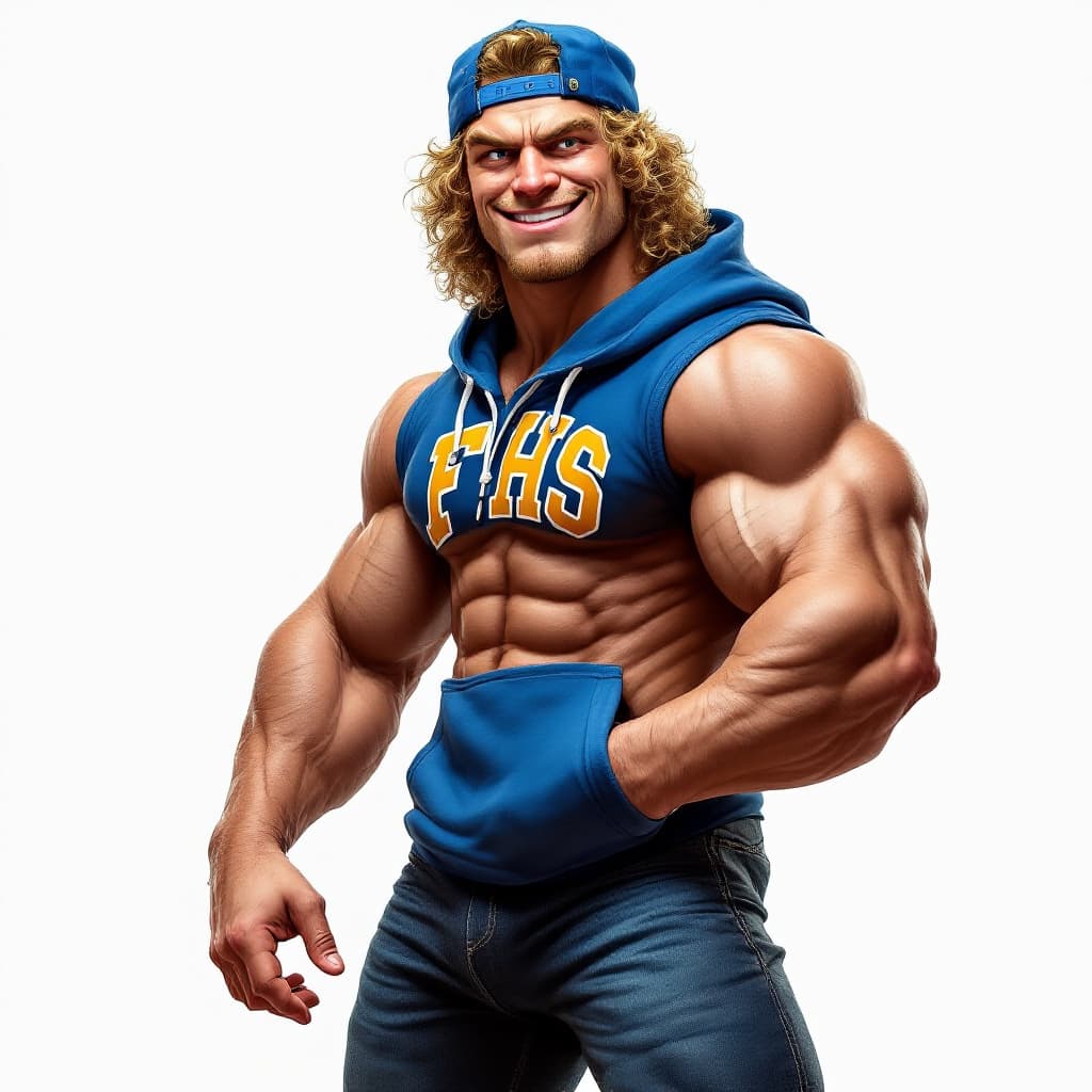 AI generated: Ulltra realistic, College wrestler, chiseled jaw, round face, smirking, curly blonde shoulder length...