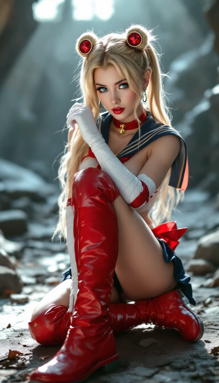 AI generated:  cute european woman,hot sailormoon cosplay ,posing , epic action scene,real photo,full body,young,s...