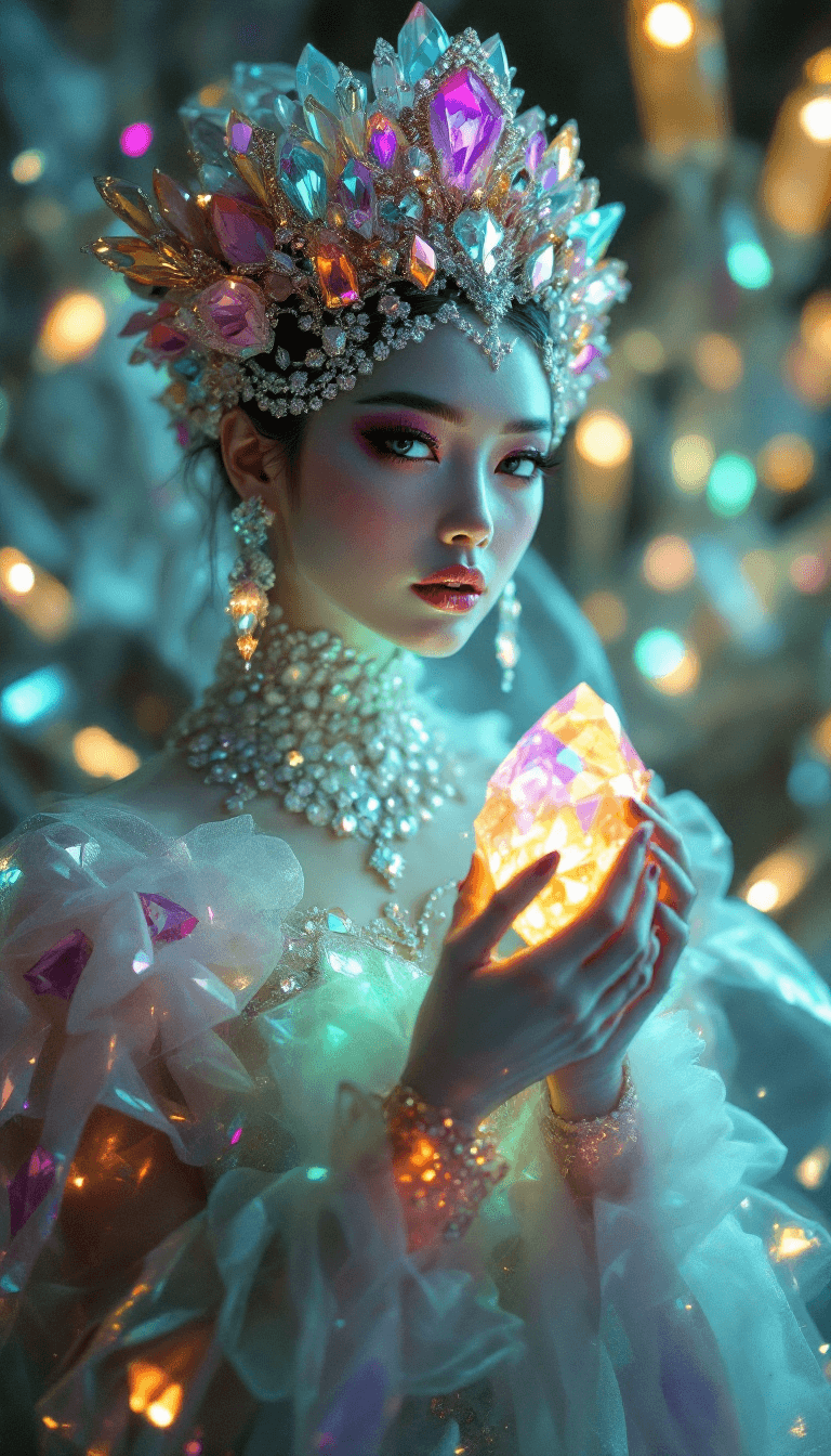 AI generated: photo of a glamorous Japanese queen wearing a haute couture crystal gown, sparkling eyes, she’s hold...