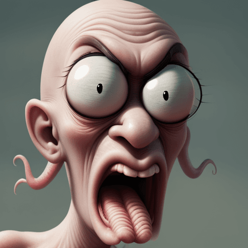 AI generated: Extreme angry Squidward, Humor, Close-up, Realism
