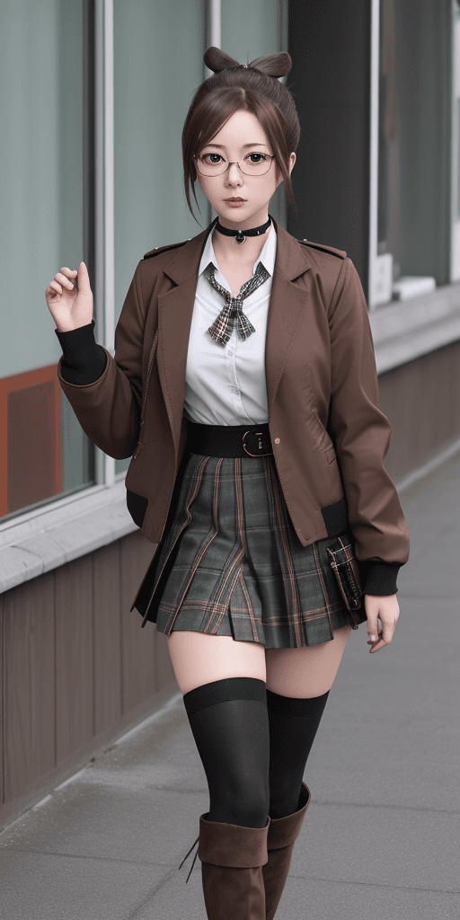 AI generated: shiraki meiko hair bun, glasses school uniform, black thighhighs, plaid skirt, knee boots, ribbon ch...