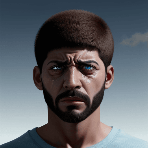 AI generated: Hyper realistic hombre con el ojo golpeado llorando mirando hacia el cielo en primer plano y sin un ...