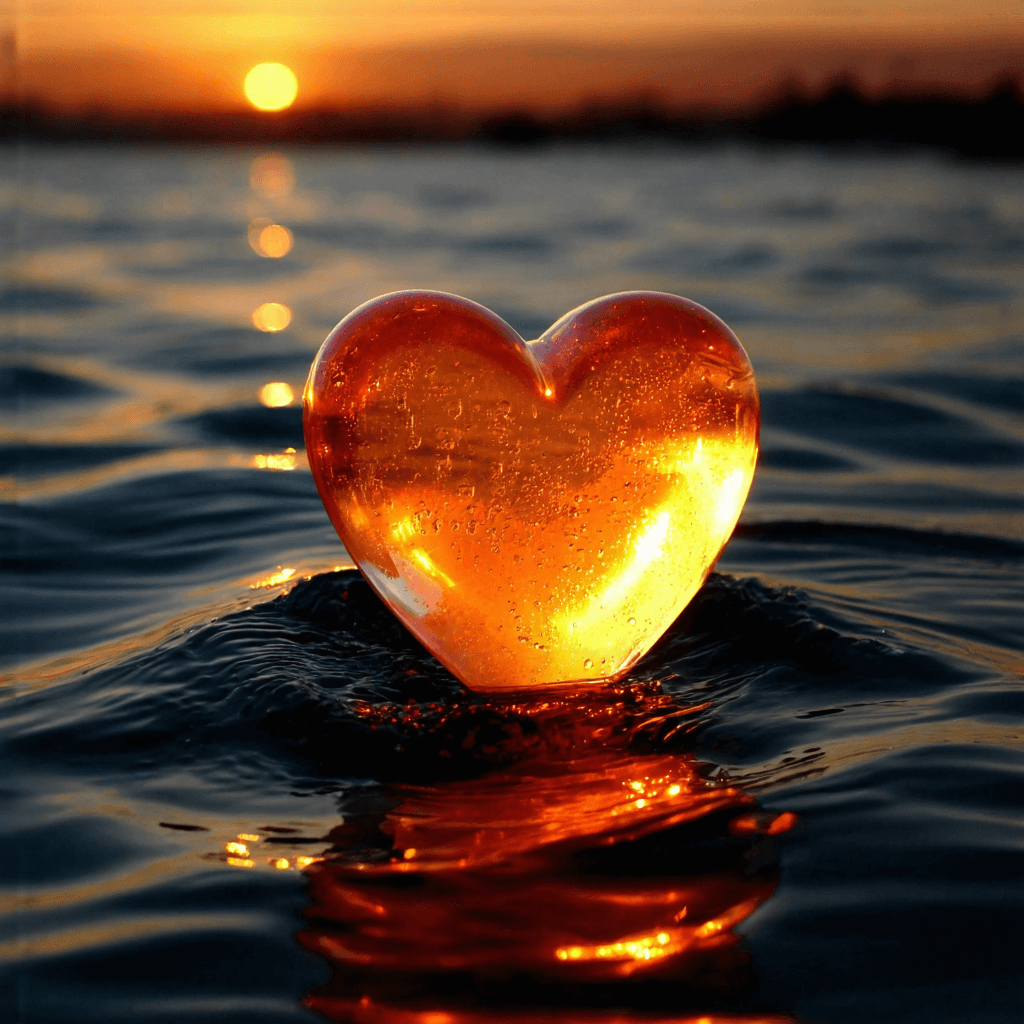 AI generated: The image depicts ((a heart-shaped object floating above a surface)) that resembles water. The heart...