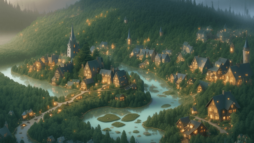 AI generated: a quaint little village nestled at the edge of a vast enchanted forest, 8k