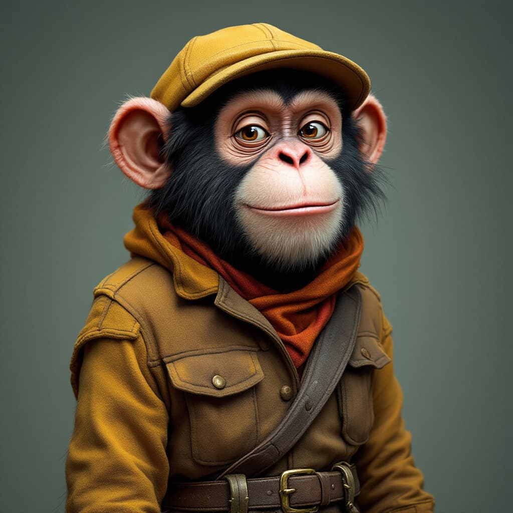 AI generated: monkey character with human form, fun, mature, about to become a dad, wearing dad clothes