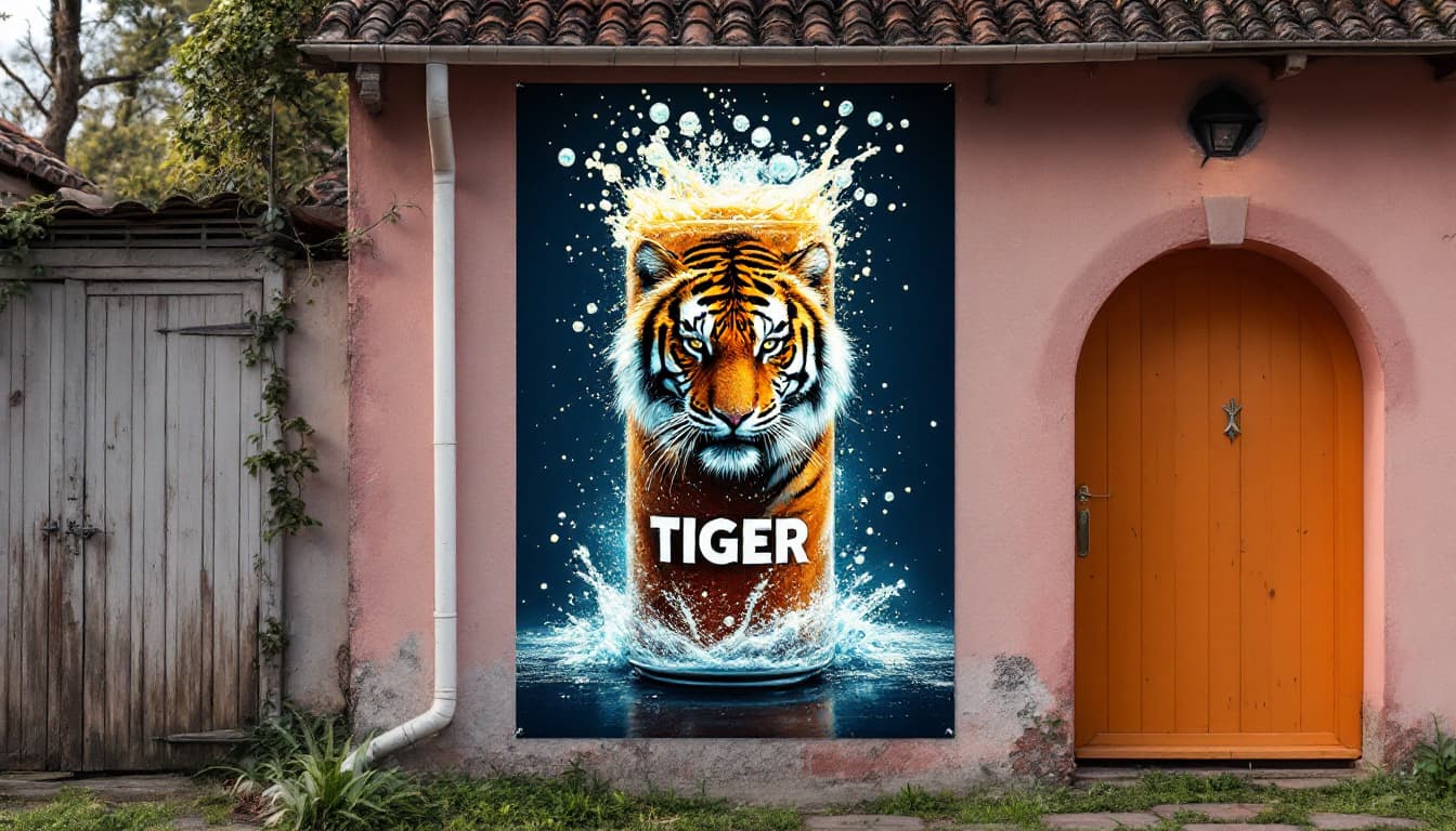 AI generated: A large poster on the wall of a townhouse, featuring a rustic and massive cylindrical energy drink c...