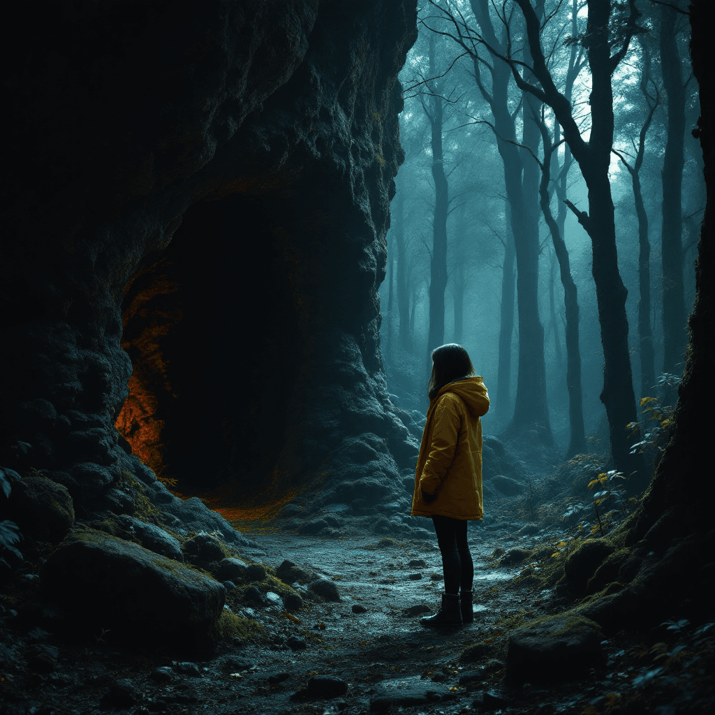 AI generated: A girl stands in the dark, in front of her cave but at a distance from it. She is wearing a yellow j...