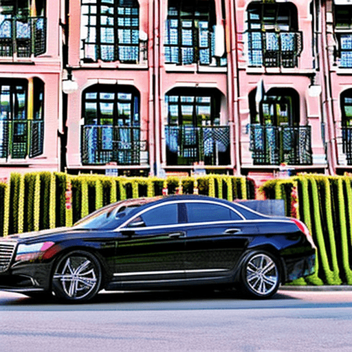 AI generated: A big black luxury car parked outside a luxury hotel