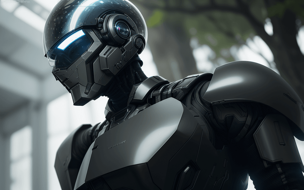 AI generated: black sci-fi female armor with cybernetic helmet, full armor, insulated armor, spacesuit, lots of fi...