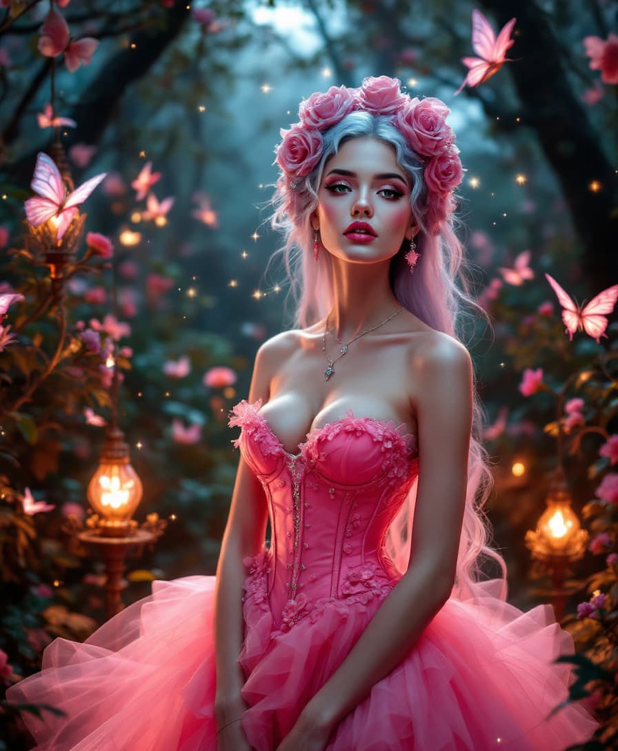 AI generated: Glamorous, high-fashion photography of Sckech, a stunning woman with porcelain white skin, adorned w...