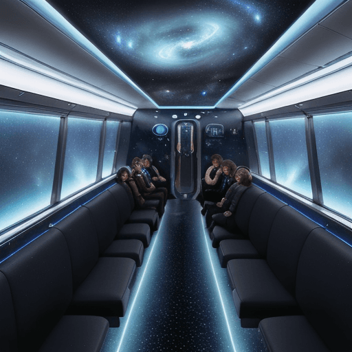 AI generated: An awe-inspiring sci-fi illustration of a futuristic space train. The ceiling is made of transparent...