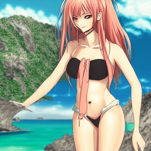 AI generated: Anime female, her name is Reze, she has a peach colored long hair, she is wearing a swimsuit, beach ...