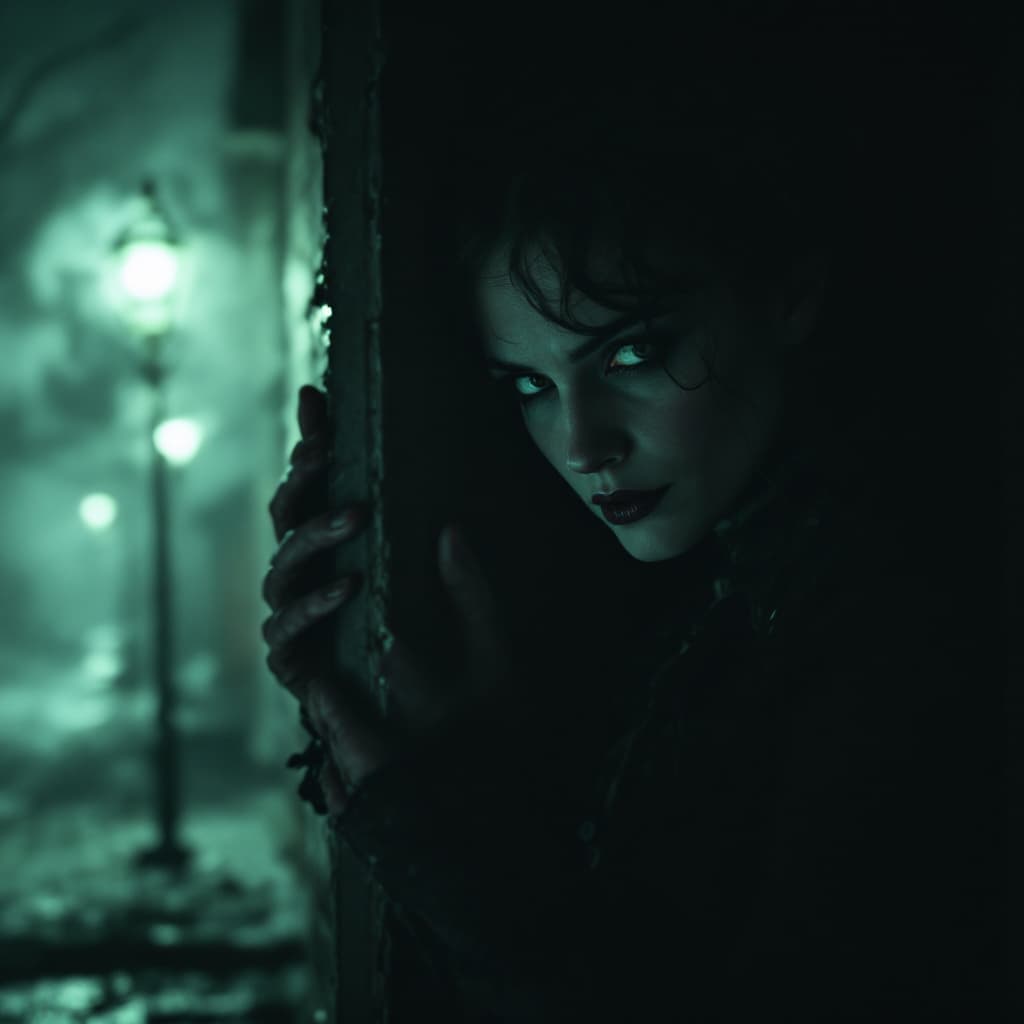 AI generated: A Victorian-era woman lurking in the shadows of a darkened doorway, her figure partially obscured by...