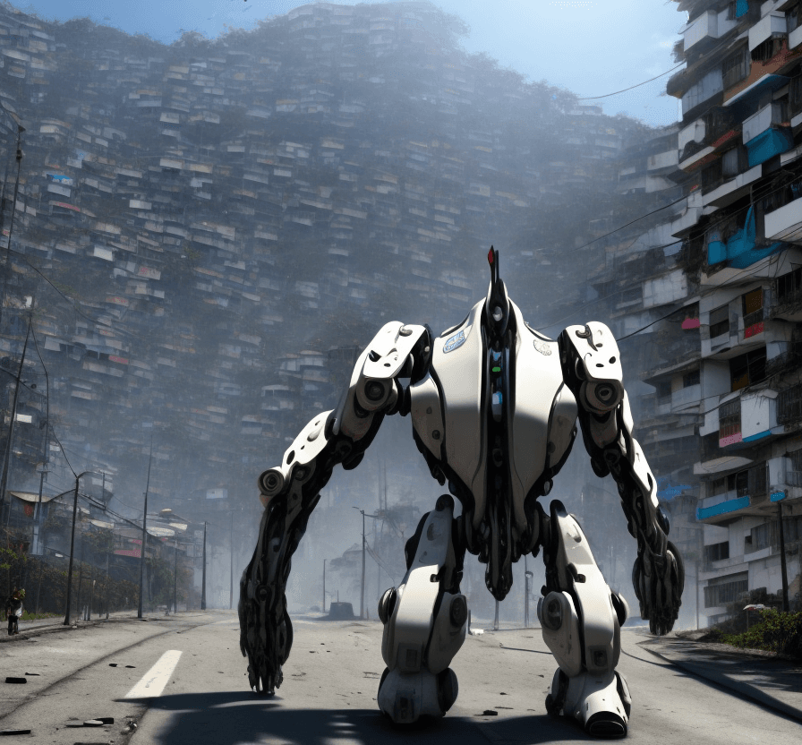 AI generated: a  futuristic  white big mech is walking in the street in a  favela. Terrified people are running wh...