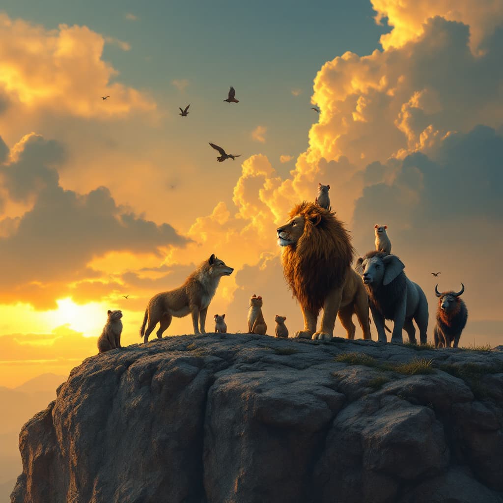 AI generated: A captivating scene at the edge of a rocky cliff, where a group of nine animals stands in unity as t...