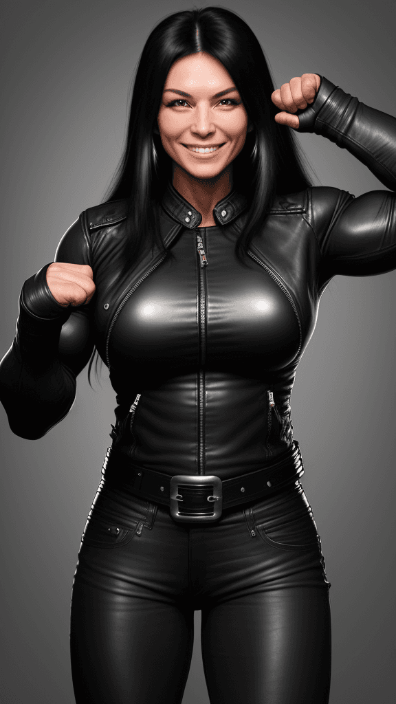 AI generated: 30 year old strong muscular woman, biceps, long black hair, wears leather jacket, wears leather jean...
