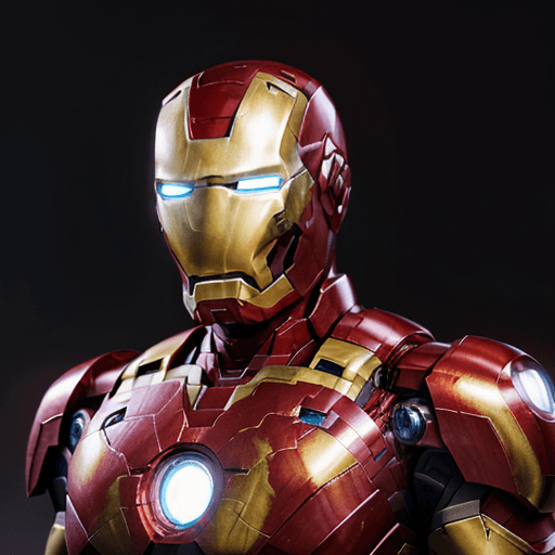 AI generated: Portrait of a mix between Iron Man and Knight, very man, golden armor jewelry, bright red and yellow...