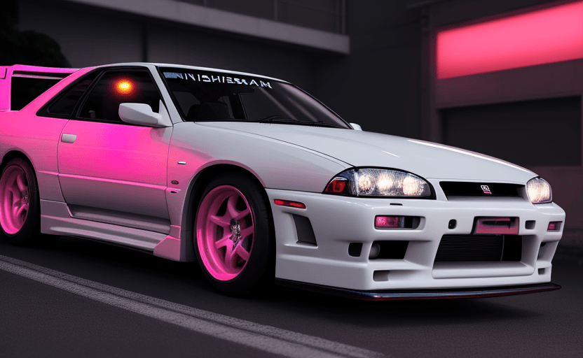 AI generated: white Nissan Skyline R33 GTST with neon light accents, cinematic view, pinkish red headlights, and u...