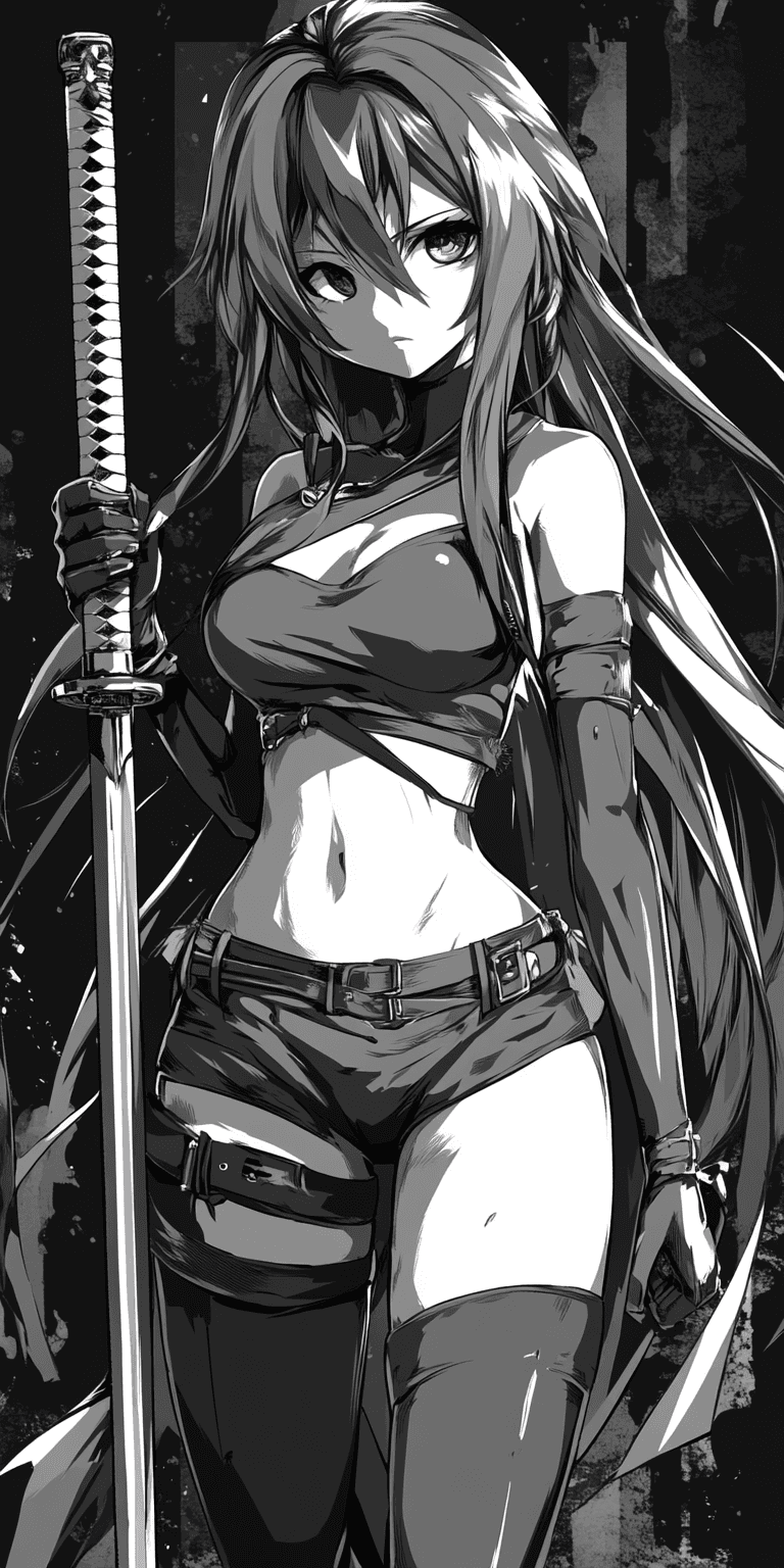 AI generated: An anime-style girl with long hair and a sword, wearing a black short skirt with cutouts on the side...