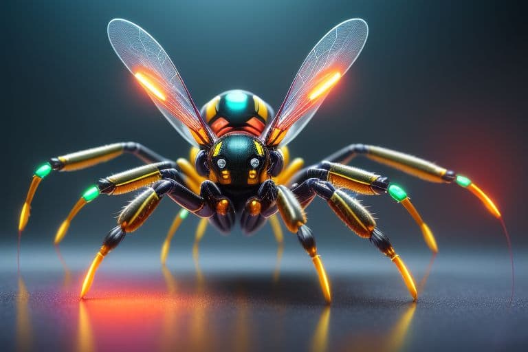 AI generated: illuminated, translucent, A Spider and Wasp ::5 hyper-realistic robot insects fight in a futuristic ...