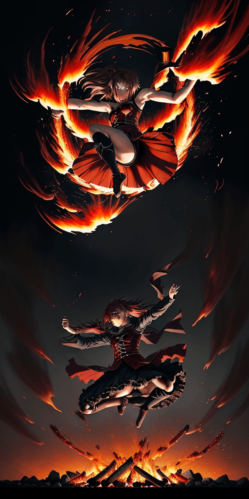 AI generated: anime character is jumping in the screen and holding fire, in the style of richly detailed genre pai...