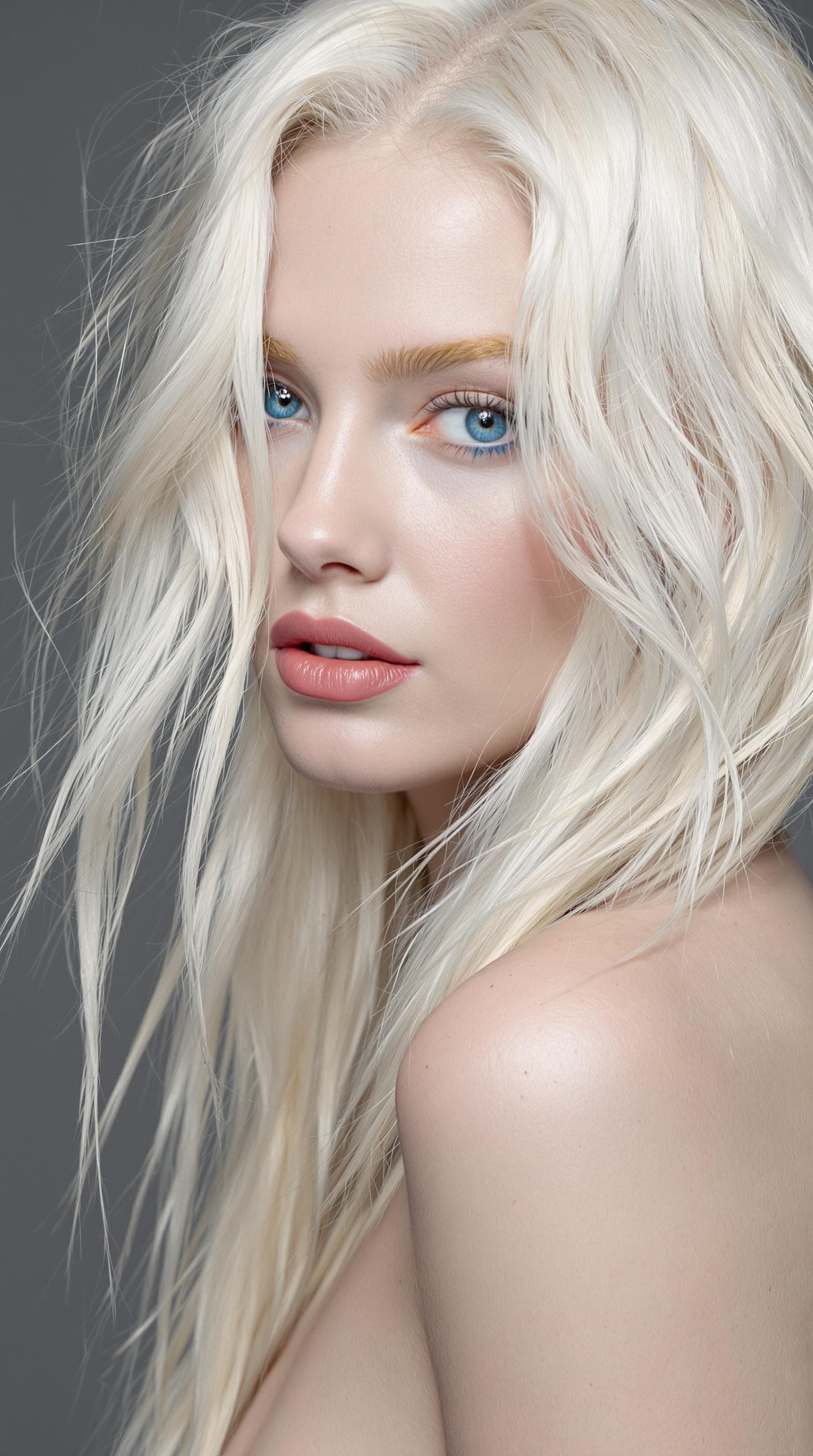 AI generated: "The image is a striking close-up portrait of a model with lustrous, tousled platinum blonde hair ca...