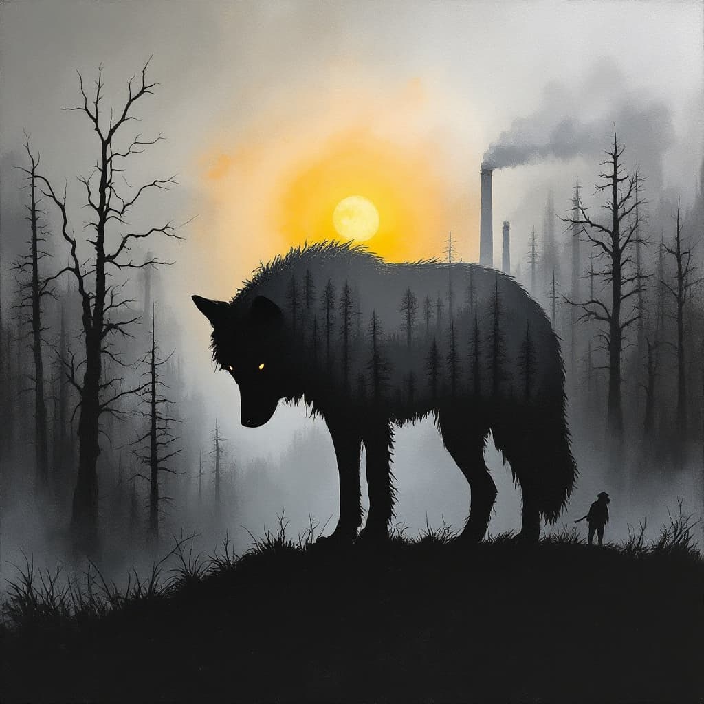 AI generated: oil painting, cardboard like silhouette of a sad wolf, head down, low tail, inside wolf silhouette, ...